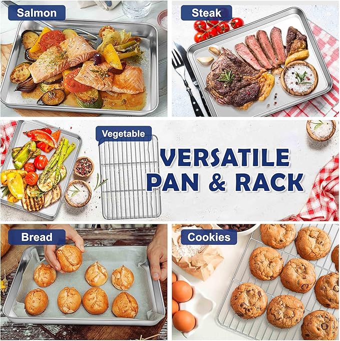 16 Inch Baking Sheet Pan with Rack Set, Joyfair Stainless Steel Toaster Oven Pans Tray & Cooling Racks for Cookie/Jelly Roll/Bacon/Meat, Commercial Metal & Rust-free, Dishwasher Safe