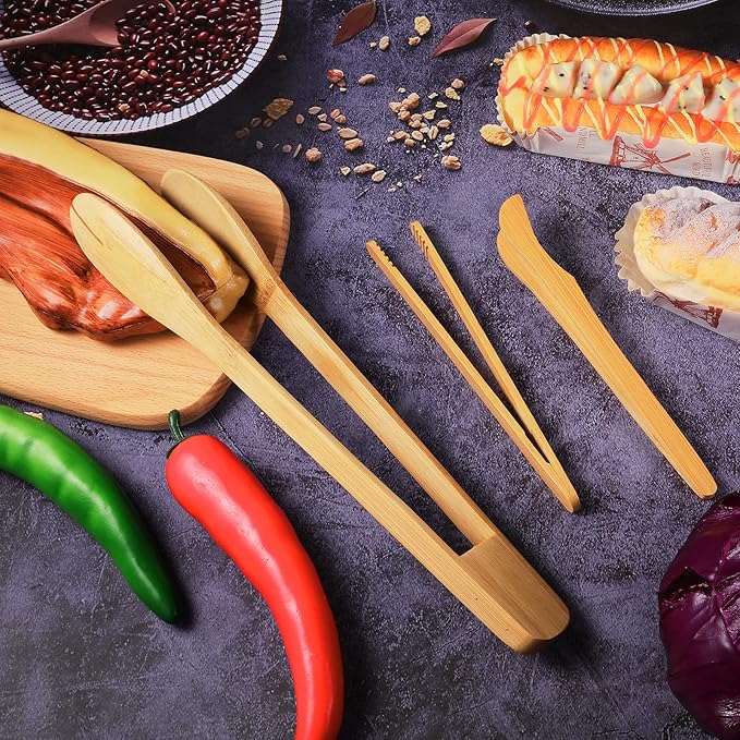 Zopeal 6 Pcs Christmas Kitchen Gift Set Bamboo Utensils for Cooking Wooden Toaster Tongs Long Cooking Salad Tongs for Picking up Cheese Bacon Toast Cake Fruits Bread Spaghetti for Kitchen Women Men