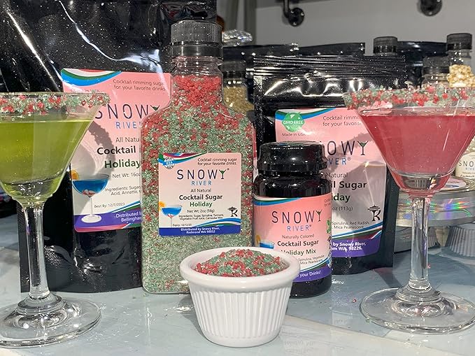 Snowy River Holiday, Cocktail & Margarita Sugar Rimmer - Vibrant Naturally Colored Sugar for Cocktail Rimming, Baking & Decorating, Medium Crystal - 16oz