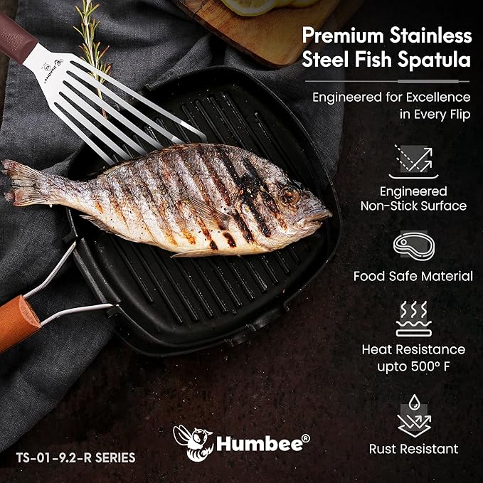 9 Inches Fish Turner, Slotted Fish Spatula Dishwasher Safe NSF, Shovel Brown