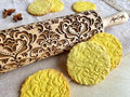DAMASK embossing rolling pin. Wooden embossing rolling pin with flowers. Oriental flowers. Embossed cookies with flowers. Damask pattern. From Europe