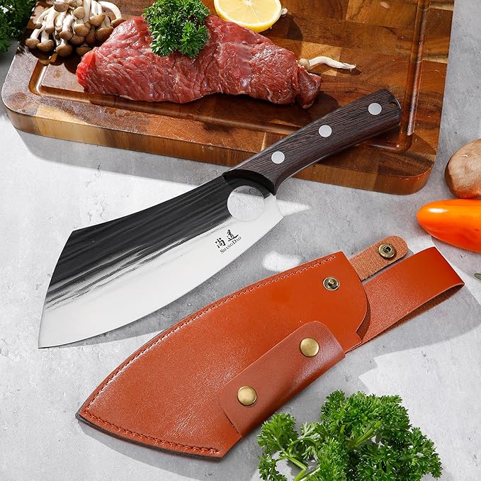 SHANGDAO 7.5" Chef Knife, Upgraded Serbian Chef Knife, Meat Cleaver Knife for Meat Cutting Forged Butcher Knife with Sheath Full Tang Kitchen Chopping Knife for Home, Outdoor Cooking, Camping