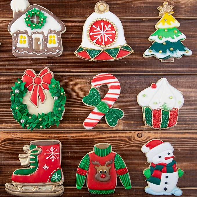 Flycalf Christmas Cookie Cutters for Kids Baking with Stamper Stencil 3D Cake Decorating Pastry Kitchen Mold Supplies Christmas Shapes Holiday Birthday Party Biscuit Fondant Tools