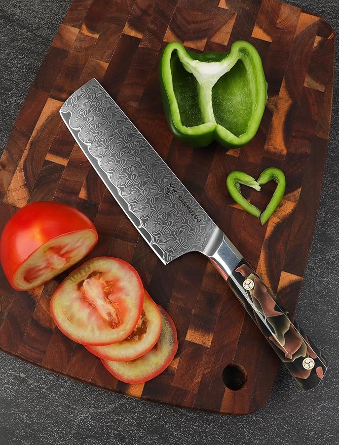 Kitchen Nakiri Knife 7 Inch, Professional Kitchen Chef Knife, Ultra Sharp Damascus Powder Steel with Full-tang Resin Handle, Bi Series