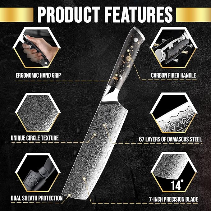 SliceElite Elite Series 7 Inch Nakiri Knife Damascus VG10 Core Forged Carbon Fiber Handle Polymer Guard Japanese Chef Vegetable Chopping Cleaver Kitchen Knife Sharp Cutting Cooking Tomato Butcher Tool