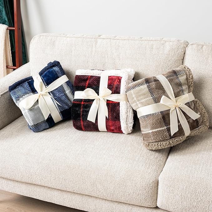 Pavilia Taupe Plaid Sherpa Throw Blanket - Plus Plush Flannel Fleece Blanket - Warm Cabin Sofa Bed Winter Throws 50x60