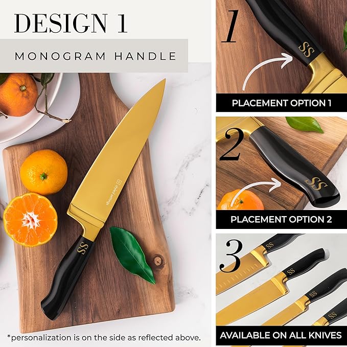 Personalized Black and Gold Knife Set with Block and Sharpener – 14-Piece Custom Engraved Titanium-Coated Gold Knives – Full Tang, Stainless Steel, Ergonomic, Gift-Ready