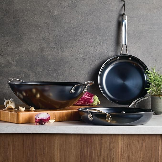 Anolon Everlast N2 Carbon Steel Frying Pan/Skillet with Helper Handle Compatible with All Cooktops, Metal Utensil Safe, 12 Inch - Black