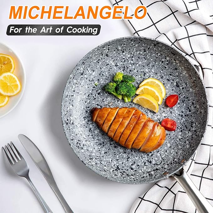 MICHELANGELO 8 Inch Frying Pan with Lid, Ultra Nonstick Small Fry Pan with Granite Interior, Granite Stone Skillet 8 Inch Nonstick, Egg Pans for Cooking, Oven Safe, Induction Compatible