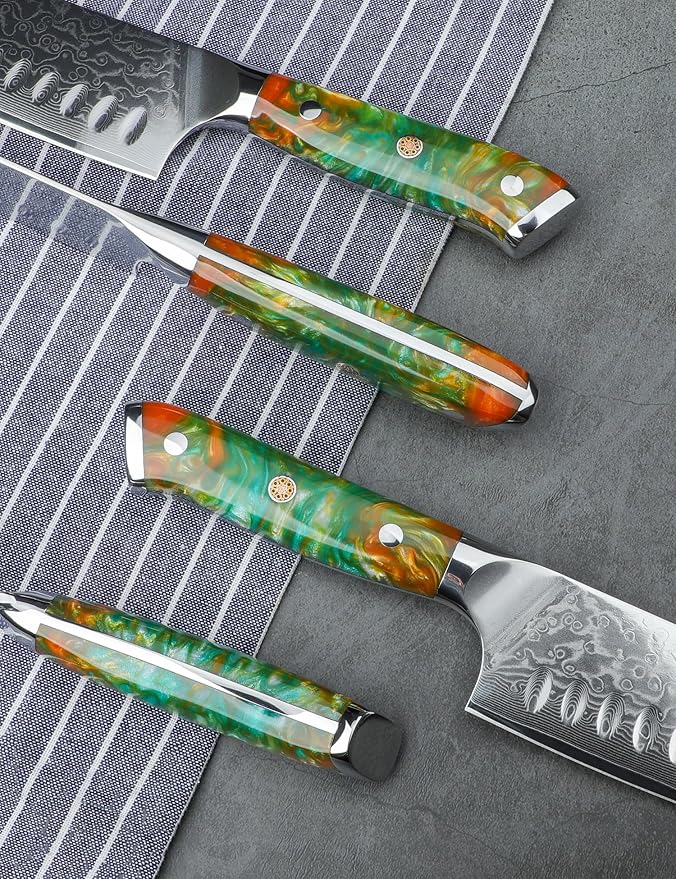 Chef Cooking Knives Set- Kitchen Knife Set of 5 Piece - Ultra-Sharp VG10 Damascus Steel & Resin Handle - Xuan Series (Fantasy Orange)