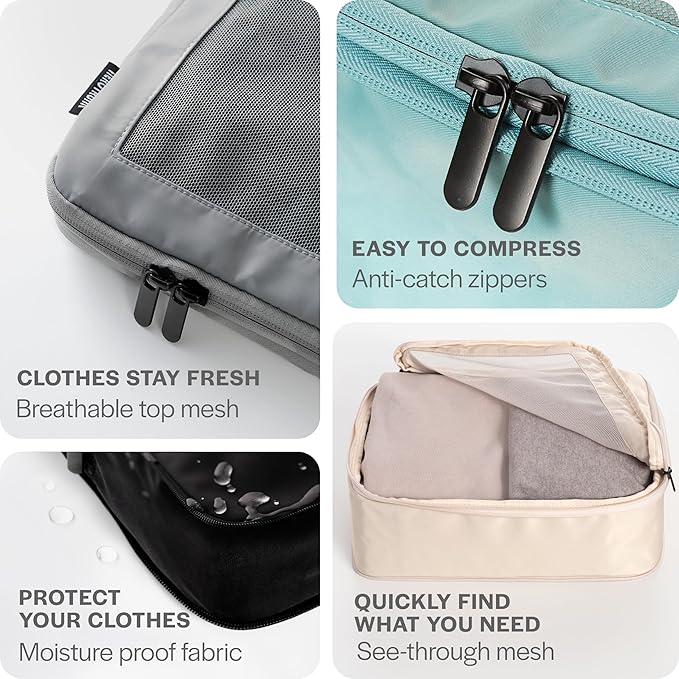 Aerotrunk Compression Packing Cubes for Travel - Luggage Organizer Bags - Double Zipper Packing Cubes for Suitcases (4-Pack, Beige)