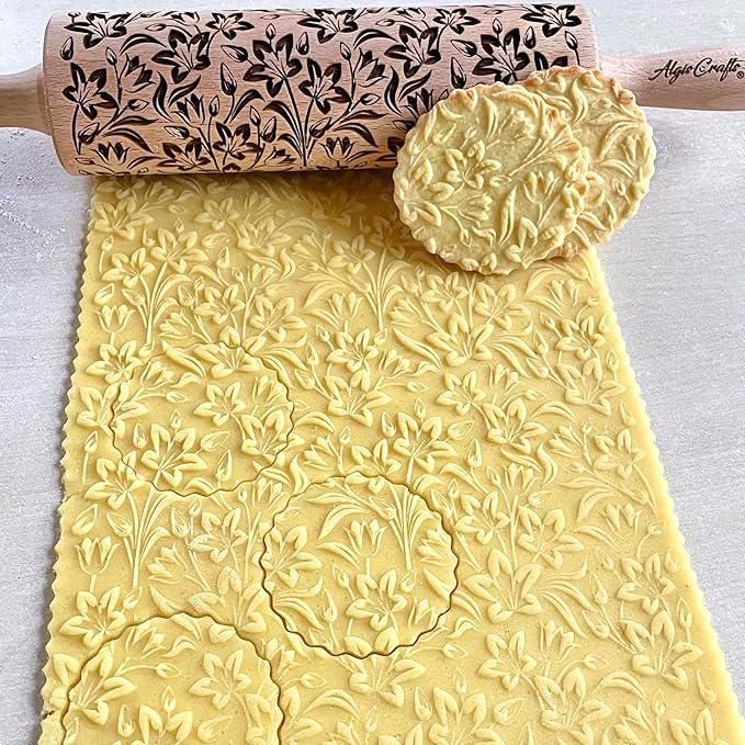TULIPS embossing Rolling pin. Wooden embossed dough roller with flowers for embossed cookies and pottery by Algis Crafts