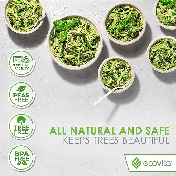 Ecovita 100% Compostable Paper Bowls [12 oz.] – 150 Disposable Bowls Eco Friendly Sturdy Tree Free Liquid and Heat Resistant Alternative to Plastic or Paper Bowls