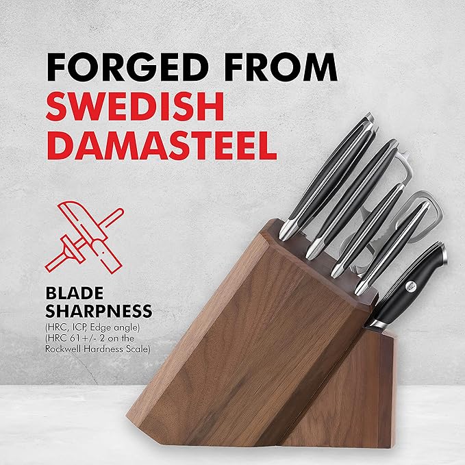 Cangshan Thomas Keller Signature Collection Swedish Powder Steel Forged, 7-Piece Knife Block Set, Walnut Block with 8 Spare Slots, Black