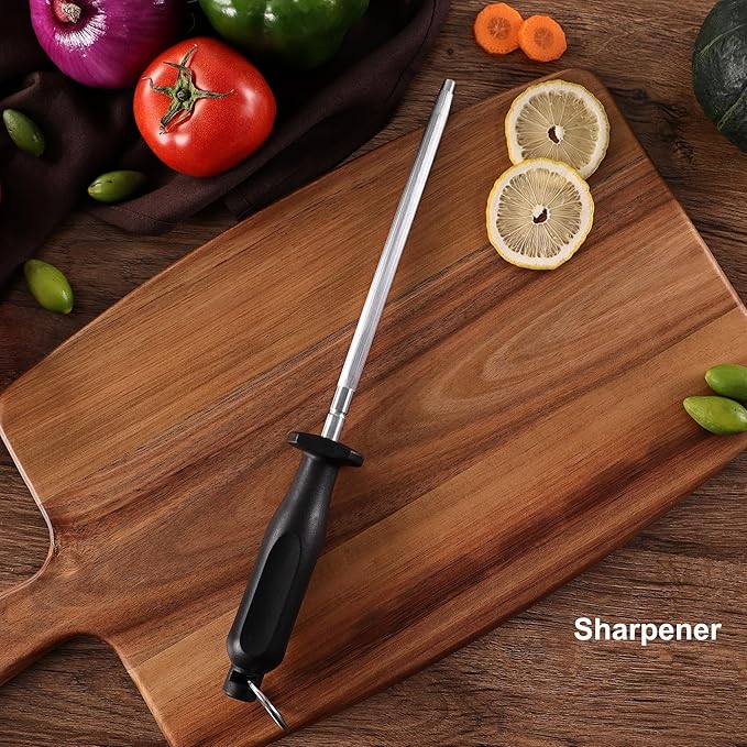 ROMANTICIST Knife Set, 10 Pieces Knife Block Set - Stainless Steel Kitchen Knives with Sharpener and Cheese Knife, Non-Slip Ergonomic Handles, Exquisite Knives Set - Stylish Black