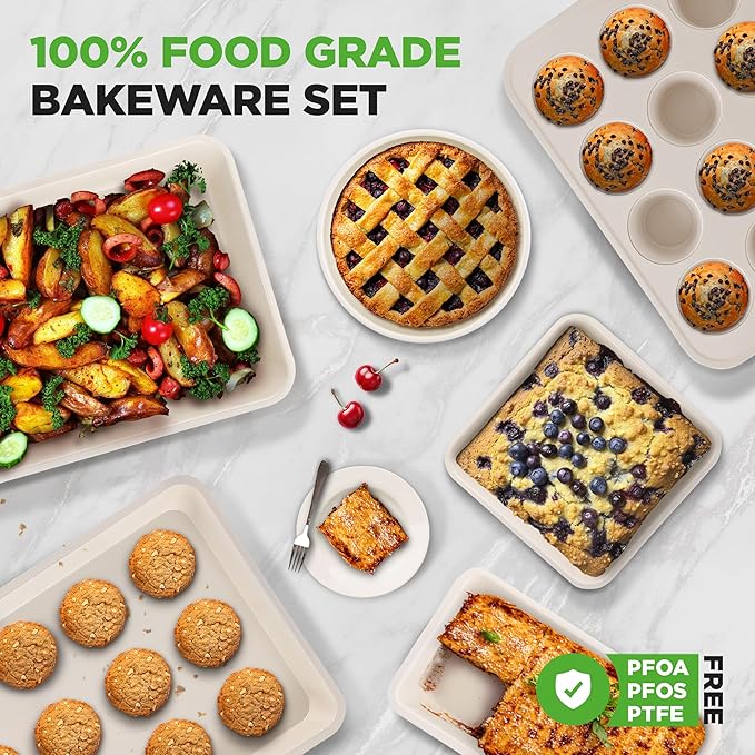 NutriChef 6-Piece Baking Pan Set, Carbon Steel Bakeware with Premium Ceramic Nonstick Coating, Includes 12-Cup Muffin Pan, Cake & Loaf Pan, Wide Bake Pan, & Cookie Sheet - Turquoise