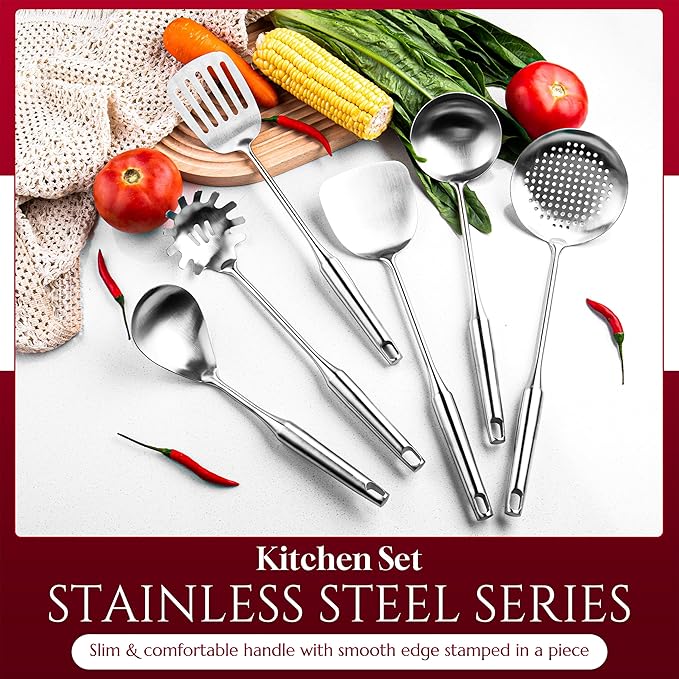 6 Pc Stainless Steel Cooking Utensils Set with Ergonomic Handles – Heat Resistant Kitchen Tools Includes Slotted Spatula, Skimmer Ladle, Spatula, Serving Spoon, Pasta Spoon Ideal for Cooking