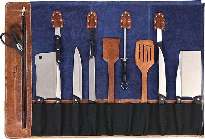 Leather Knife Roll Storage Bag, Elastic and Expandable 10 Pockets, Adjustable/Detachable Shoulder Strap, Travel-Friendly Chef Knife Case (Raven, Leather)