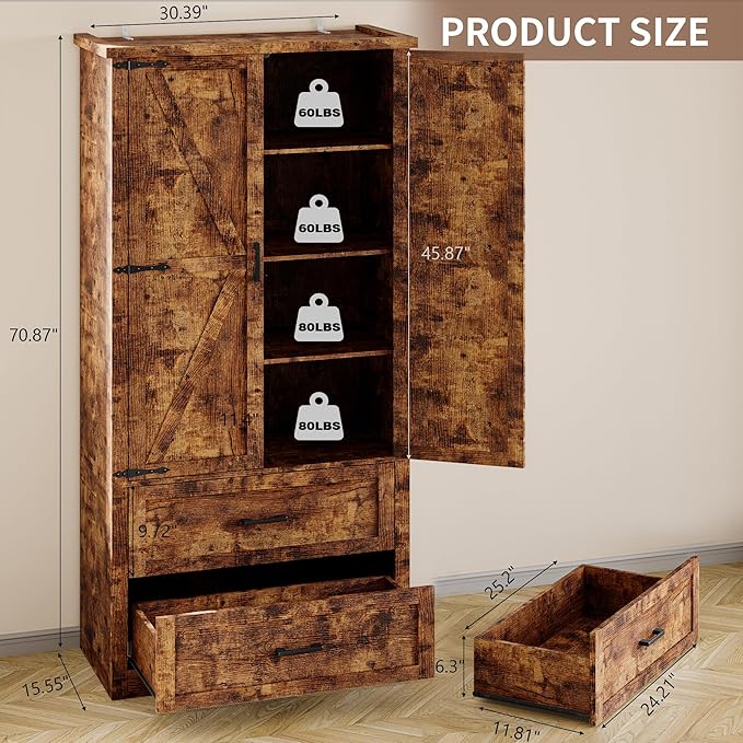 Pantry Organizers and Storage Cabinet, 71” Barn Door White Kitchen Cabinet with Drawers and Adjustable Shelf, Tall Pantry for Kitchen, Dining Room, Living Room. Bathroom and Office