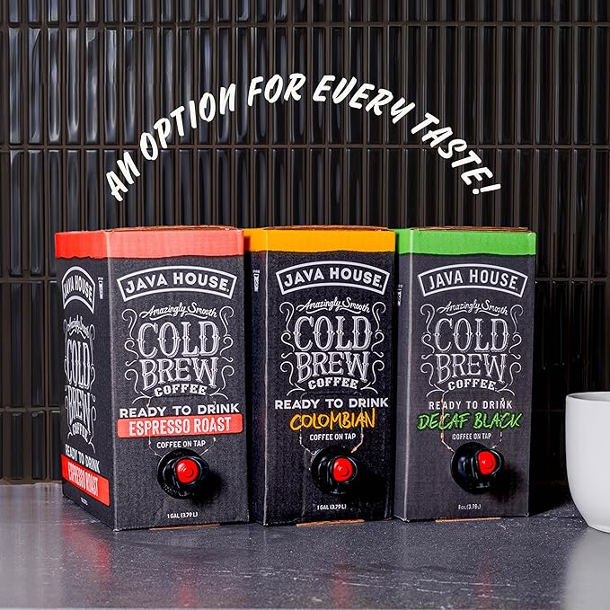 Java House Cold Brew Coffee on Tap (Pack of 2) – Premium 100% Arabica Medium Roast – Smooth Colombian Flavor with Chocolate & Caramel Notes – 1 Gallon Box (16 Servings) – Ready to Drink, No Brewing Required, Fridge-Friendly