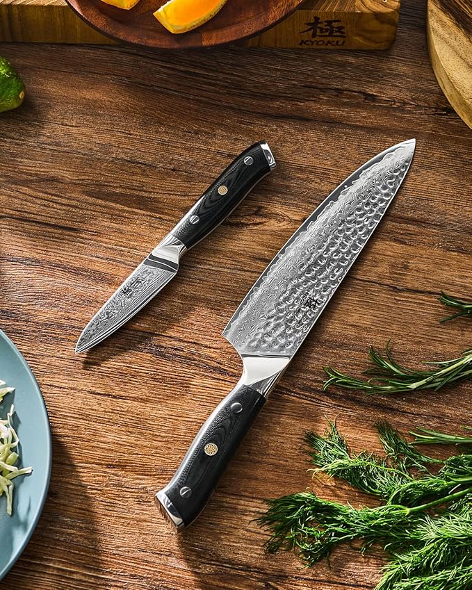 KYOKU Knife Set, 2pc Japanese Kitchen Knife Set for Cooking, 8" Chef 3.6" Paring Knife with Sheath Gift Box, Professional Sharp Damascus Stainless Steel Knives for Meat Vegetable Fruit