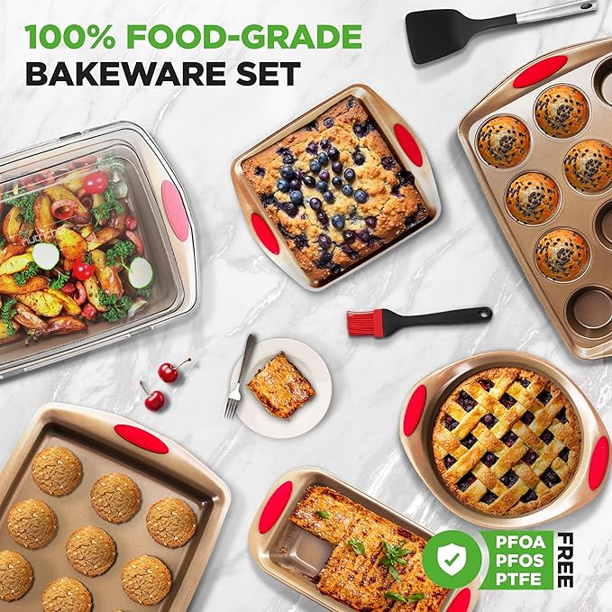NutriChef 15-Piece Nonstick Bakeware Set w/ Baking Utensils – Premium Oven Safe Baking Pans with Silicone Handles, Easy Clean, Dishwasher Safe Tray Set for Cakes, Muffins, Bread, Cookies & Roasting