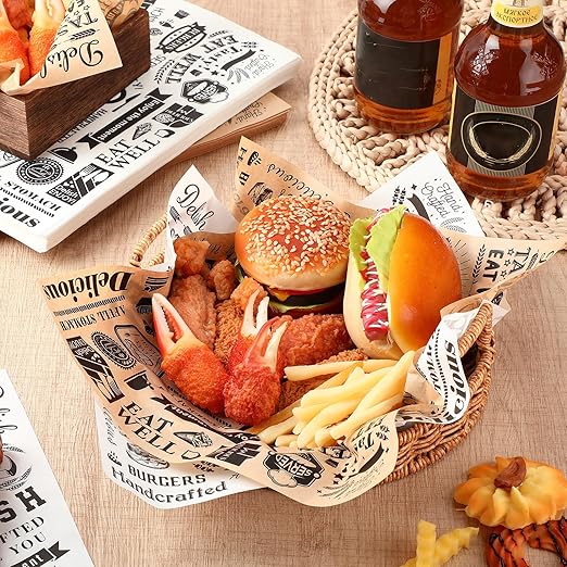 Outus 1800 Pcs 12 x 12 Inch Deli Wax Paper Sheets Grease Resistant Tray Basket Liners Newsprint Paper Water and Grease Proof Sandwich Wrapping Square Hot Dog Wrappers for Food Baking (Brown,White)