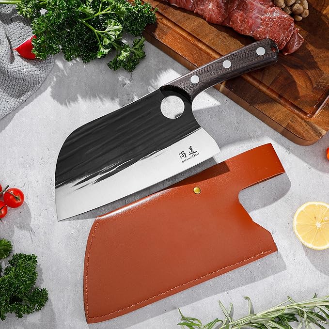SHANGDAO Meat Cleaver Knife 7.8", Butcher Knife for Meat Cutting, High-carbon steel Chopper Knife, Vegetable Cleavers, Forged Blade & Wood Handle, Camping Thanksgiving Christmas Gifts