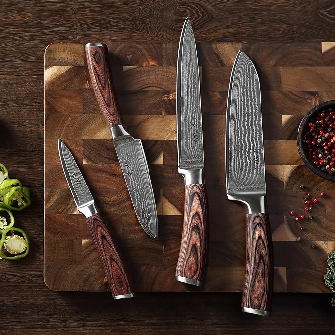 Wakoli EDIB 4-Piece Damascus Knife Set – Professional Kitchen Knives | Genuine Damascus Steel Blades with VG10 Core | Ergonomic Pakkawood Handles | Premium Chef Knife Gift Set