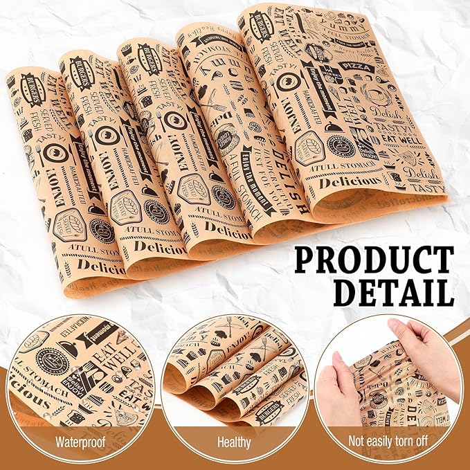 Outus 1200 Pcs 8 x 10 Inch Deli Wax Paper Sheets Grease Resistant Tray Basket Liners Newsprint Paper Water and Grease Proof Sandwich Wrapping Square Hot Dog Wrappers for Food Baking (Brown)