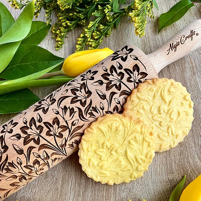 TULIPS embossing Rolling pin. Wooden embossed dough roller with flowers for embossed cookies and pottery by Algis Crafts
