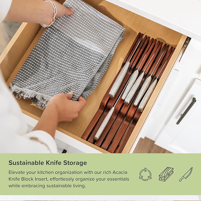 KitchenEdge Acacia Wood Kitchen Knife Block Holder Organizer - Holds 5 Long + 6 Short Knives (Not Included), Fits Most Knife Sizes, Rubber Feet, Premium Food-Safe Finish, In-Drawer Design