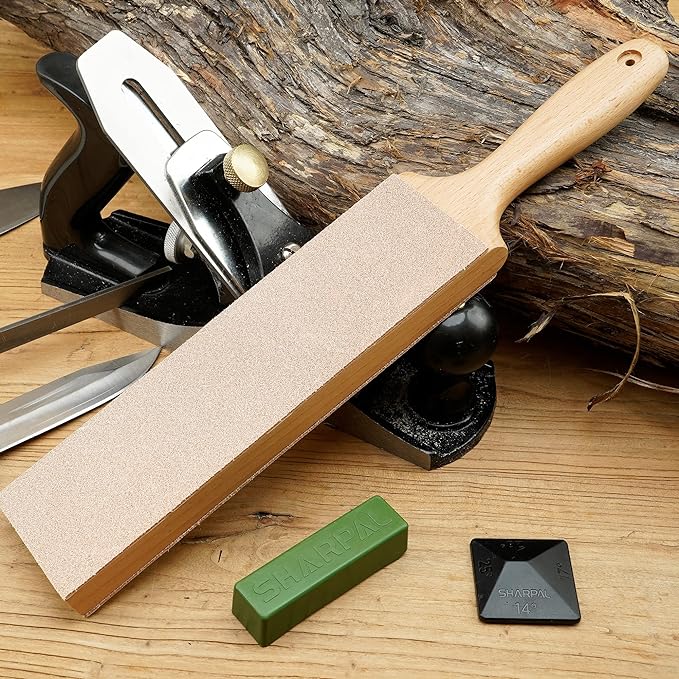 SHARPAL 205H Double-sided Leather Strop (Genuine Cowhide) 13.2" x 2.4" Kit with 2 Oz. Polishing Compound & Angle Guide, Knife Stropping Block for Sharpening & Honing Knives tools, Woodcarving Chisels