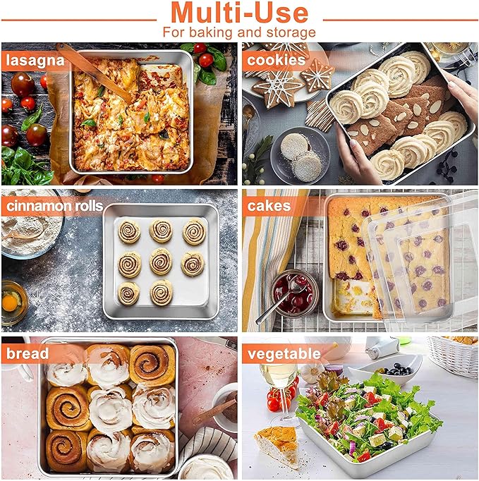 Herogo 8 x 8 Baking Pan Set of 2 for Oven, Stainless Steel Square Cake Pan for Lasagna Brownies Casseroles Cakes, Dishwasher Safe & Durable