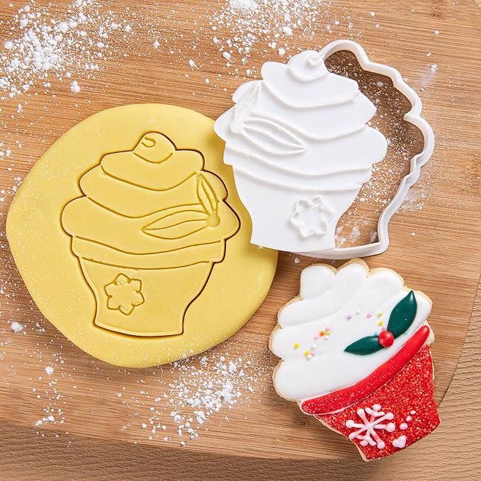 Flycalf Christmas Cookie Cutters Cupcake Shapes with Plunger Stamps Fall Holiday PLA Baking Accessories Cutter Molds Gifts for Kids Decorative Party 3.5" Kitchen Cake Supplies