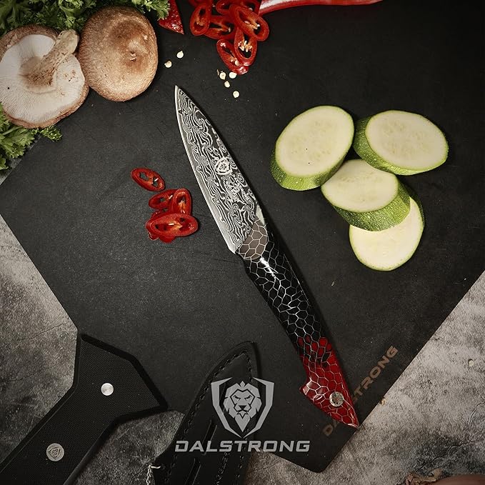 Dalstrong Paring Knife - 4”- Scorpion Series - Exclusive Japanese V12 Ultra™ Steel - Black Damascus - Black & Red Honeycomb Resin Handle -Paring Knife with Cover