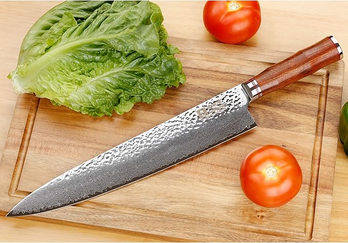 SUNLONG Chef's Knives 12 inch Pro Gyuto Japanese Hammered Damascus Natural Bloodwood Hand