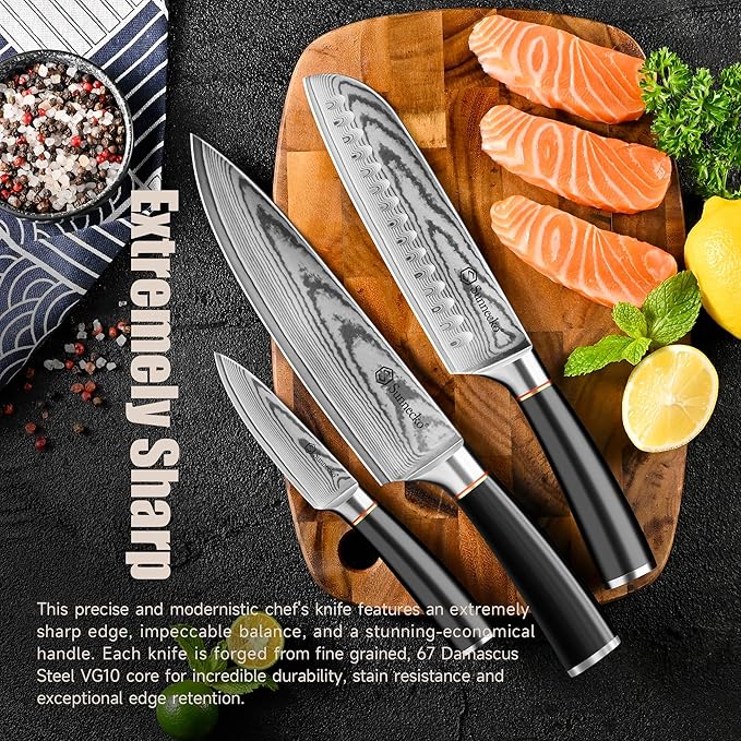 Sunnecko Damascus Knives Set,Japanese VG10 Core Steel Damascus 3PCS Chef Knife Set,Professional Razor Sharp Kitchen Knives Set with Knife Sharpner