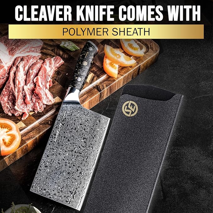 SliceElite Elite Series 7 Inch Meat Cleaver Knife Damascus VG10 Core Forged Carbon Fiber Handle Heavy Duty Chopper Sharp Kitchen Butcher Bone Cutter Vegetable Fruit Chef Tool Polymer Blade Guard Gift
