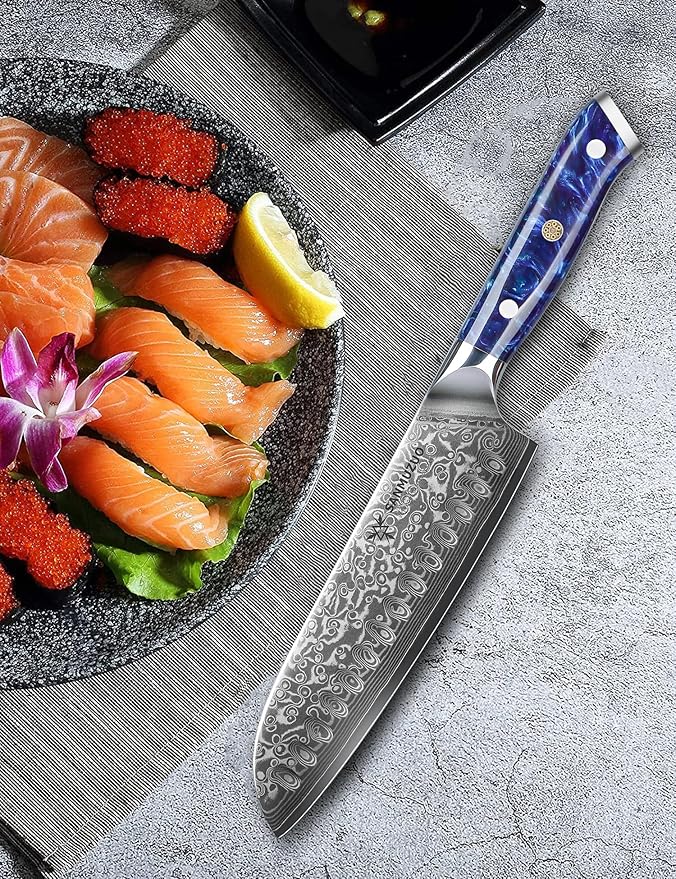 Santoku Knife - 7 inch - Xuan Series - VG10 Damascus Steel Kitchen Knife - Resin Handle (Sapphire Blue)