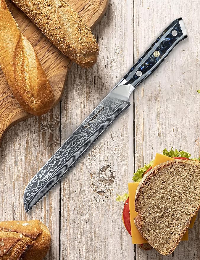 8 inch Bread Knife Serrated Kitchen Chef Knife - Damascus Steel & Resin Handle - Xuan Series (Starry Black)