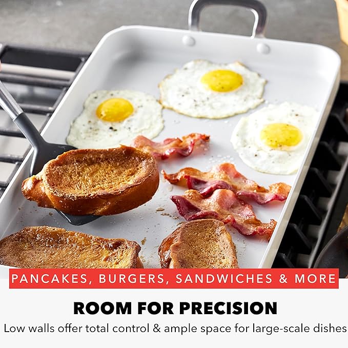GreenPan x Bobby Flay 18" x 11" Nonstick Double Burner Griddle, PFAS-Free Ceramic Double Stovetop Skillet, Stainless Steel Handles, Dual-Use Cooking, Easy Clean Dishwasher & Oven Safe Pan, Gray