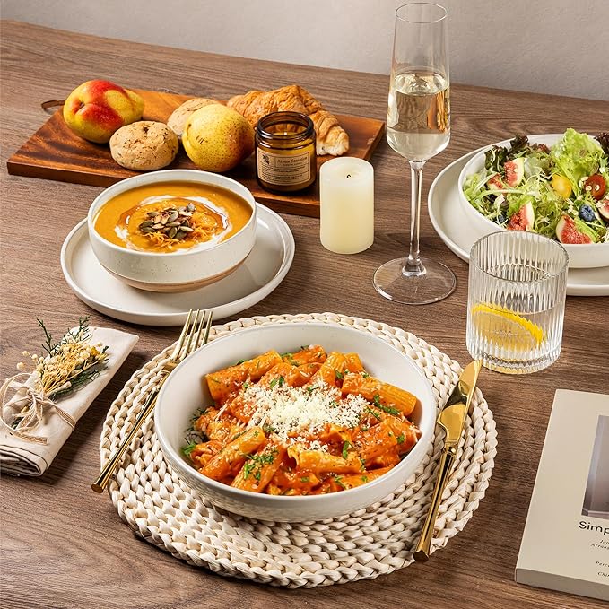 AmorArc Ceramic Dinnerware Sets with Pasta Bowls for 4, Handpainted Plates and Bowls Set with Rustic Terracotta Underside, Scratch Resistant Dishes Set, Dishwasher & Microwave Safe, 16 Pcs