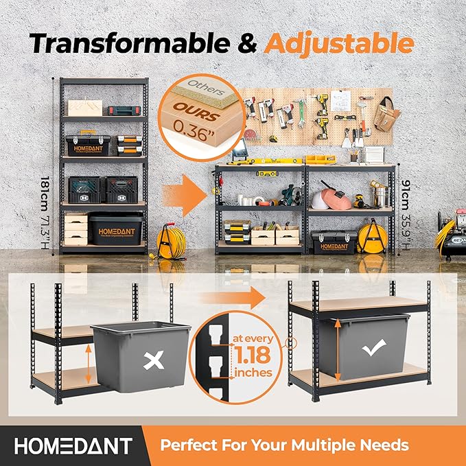 HOMEDANT 5 Tier Storage Shelves Adjustable Laminated Boltless Garage Metal Shelving Unit Heavy Duty Utility Rack Shelf Warehouse Pantry Closet Kitchen 35.9" W x 16.2" D x 71.3" H 10Pack