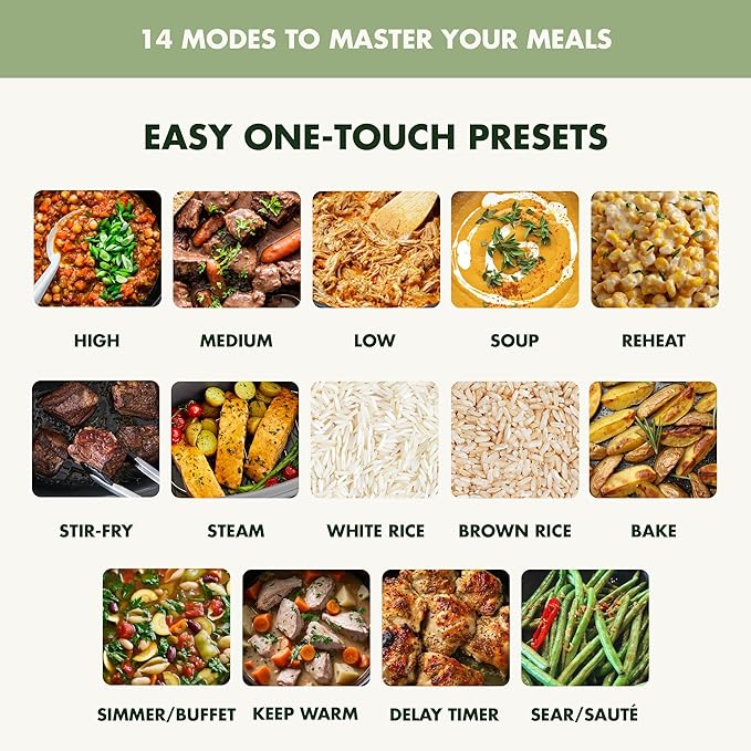 GreenPan Elite 14-in-1 Nonstick 6QT Electric Slow Cooker, PFAS-Free Ceramic Multi-Cooker, In-Pot Browning, Dishwasher Safe Lid & Removable Crock, Stainless Steel Steamer, Silicone Handles, Sage Green