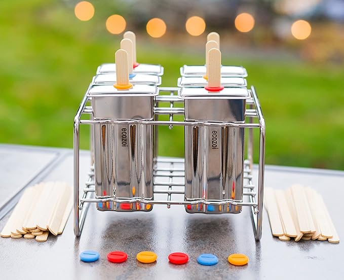 Ecozoi Stainless Steel Popsicle Molds and Rack - 6 Square Ice Pop Makers + 30 Reusable Bamboo Sticks + 12 Silicone Seals + 1 Cleaning Brush +1 Rack