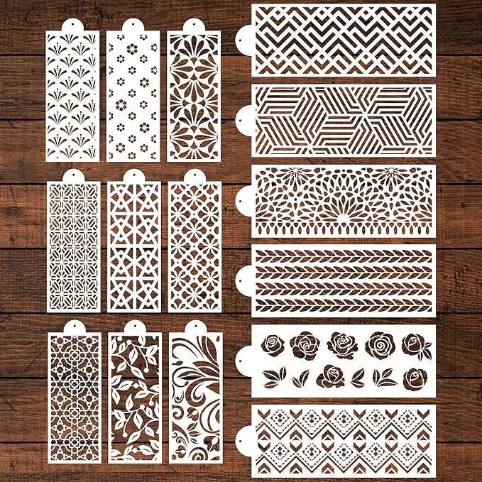 Cake Stencils for Baking - 15 Pcs Cookie Stencils for Royal Icing, Flower Roses Cookie Stencils for Buttercream Decorating, Folk Brick Stencils Cookie Decoration, Baking Template Cake Decor