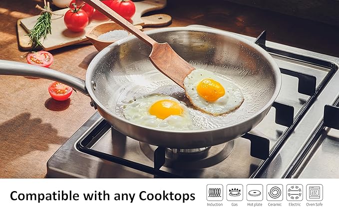 5-ply Stainless Steel Frying Pan 10inch, Full 5-Ply Clad Construction Professional Grade Pan, Brushed Finish, Induction Cooking Pan, Oven Safe, Dishwasher Safe
