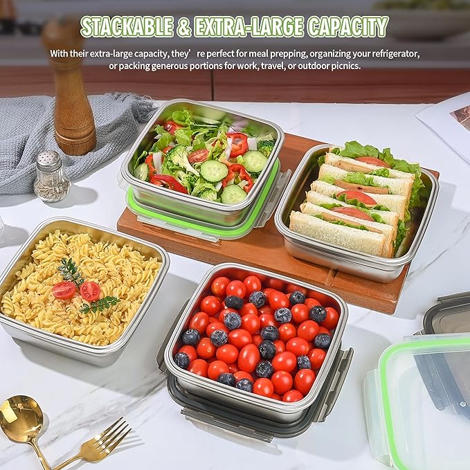 4 Pack Sandwich Containers, 40oz Stainless Steel Sandwich Box with Airtight Lids, Reusable Metal Meal Prep Lunch Boxes, BPA-Free, Dishwasher Safe, Large Capacity Food Storage Containers (Black)