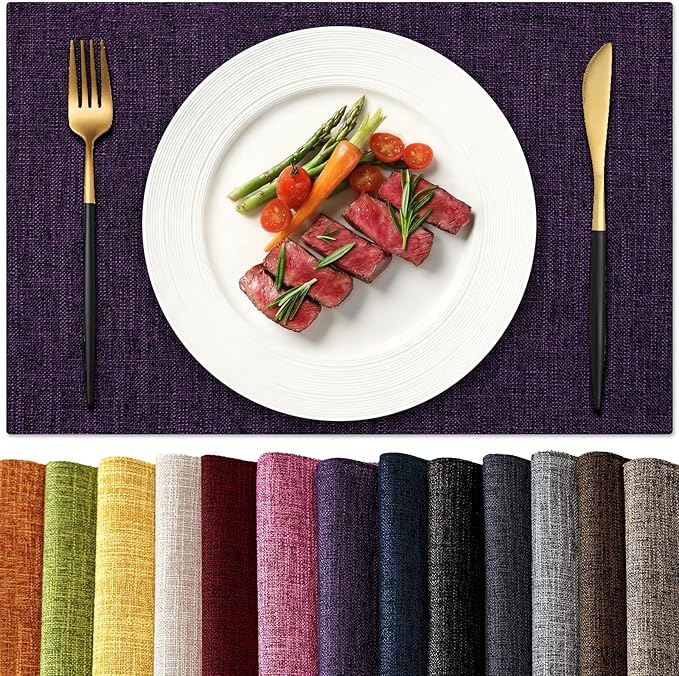KXN Placemats Set of 6, Dual-Layer Thickened Faux Linen Table Mats, Heat Resistant & Wrinkle-Free, Machine Washable Cloth Place Mats for Kitchen Dining Indoor Outdoor (Purple)